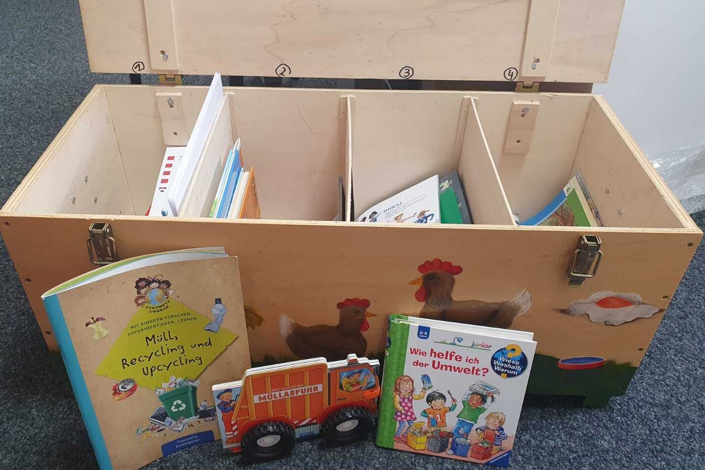 Auf dem Foto ist die Umweltkiste zum Thema Abfall und Abfallvermeidung für Kinder im Kindergartenalter abgebildet.