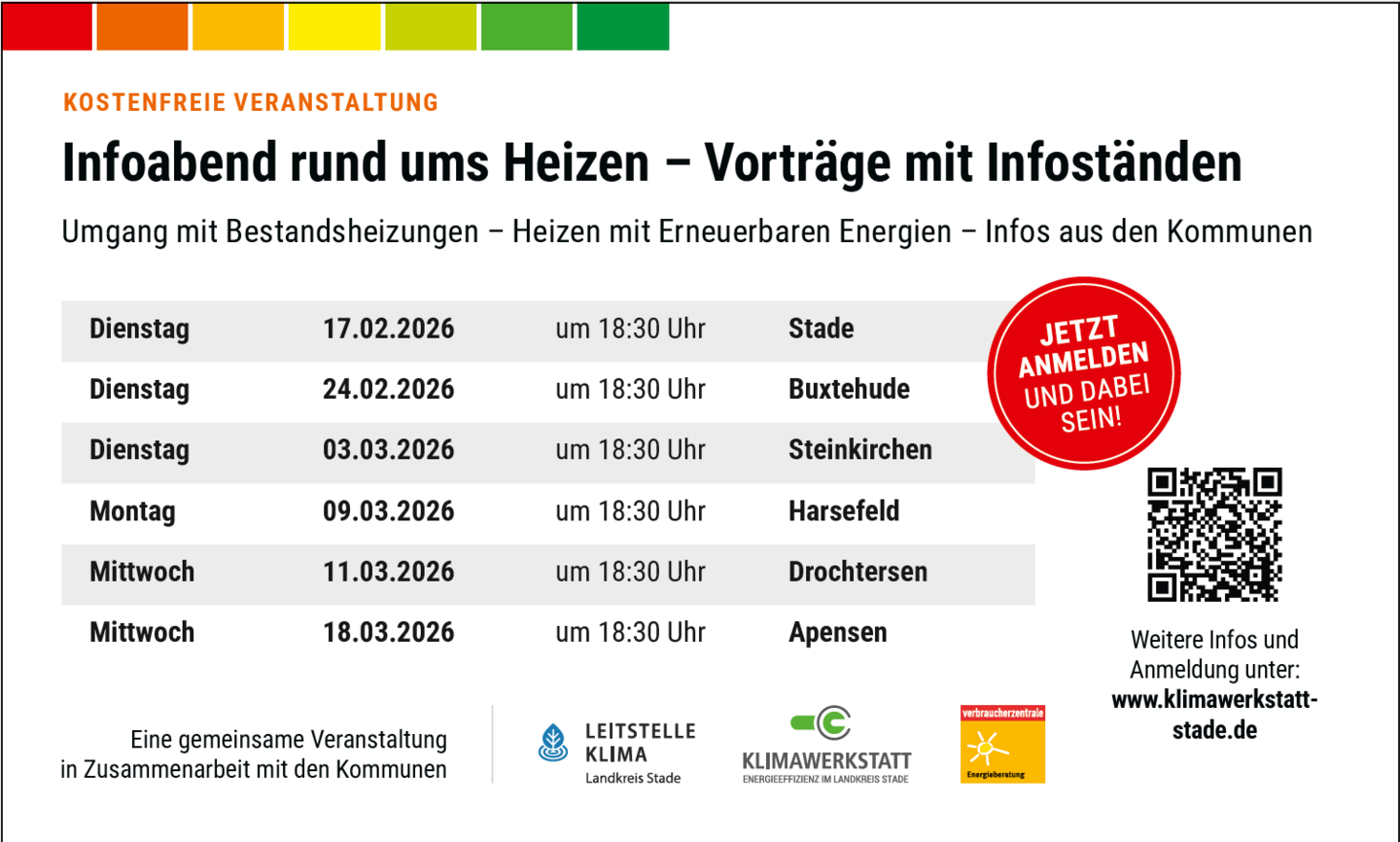 Termine der Infoabende rund ums Heizen - Vorträge mit Infoständen in Stade, Buxtehude, Steinkirchen, Harsefeld, Drochtersen und Apensen.